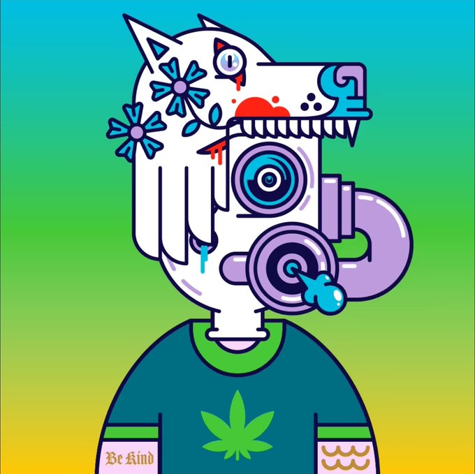 A colorful digital illustration features a surreal figure with a white wolf-like head adorned with blue flowers, a mechanical camera/lens body, and a teal shirt displaying a cannabis leaf, with text reading 'Be Kind' on the sleeve.
