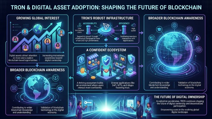 A sleek, futuristic infographic in deep blues and neon accents illustrates "TRON & DIGITAL ASSET ADOPTION: SHAPING THE FUTURE OF BLOCKCHAIN," featuring interconnected panels on growing global interest, TRON's robust infrastructure (noting low transaction costs and high speed), a confident ecosystem, and broader blockchain awareness, all converging on a vision of decentralized digital ownership. The visuals directly reinforce the post's message by depicting how TRON's accessible and efficient network empowers users and fosters trust in blockchain-based opportunities.