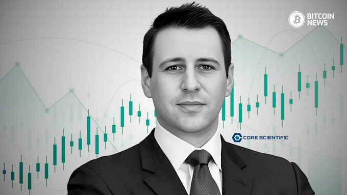 A black-and-white portrait of a man in a suit with the Core Scientific logo, set against a green candlestick chart background with the Bitcoin News logo in the corner.