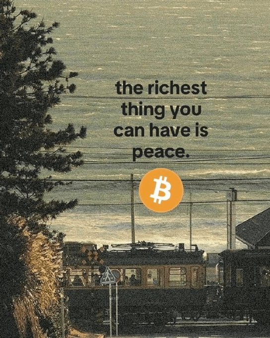 The image shows a tranquil sunset scene over water with a train in the foreground, overlaid with the quote "the richest thing you can have is peace" and the Bitcoin (₿) logo. It visually reinforces the $BTC post's message about finding true wealth in inner peace, contrasting financial assets with emotional tranquility.