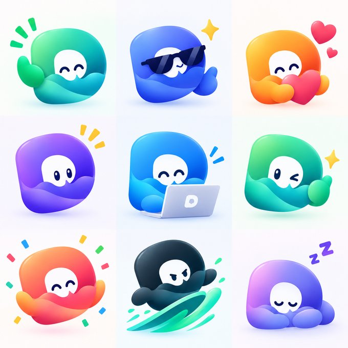 A 3x3 grid of nine colorful, cute cartoon blob-like characters in various poses, including one wearing sunglasses, one sleeping, and one using a laptop.