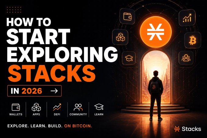 Promotional graphic featuring a silhouetted figure standing before a glowing orange Stacks logo portal, with the headline "HOW TO START EXPLORING STACKS IN 2026" and category icons for Wallets, Apps, DeFi, Community, and Learn, promoting a beginner's guide to the Stacks Bitcoin ecosystem.