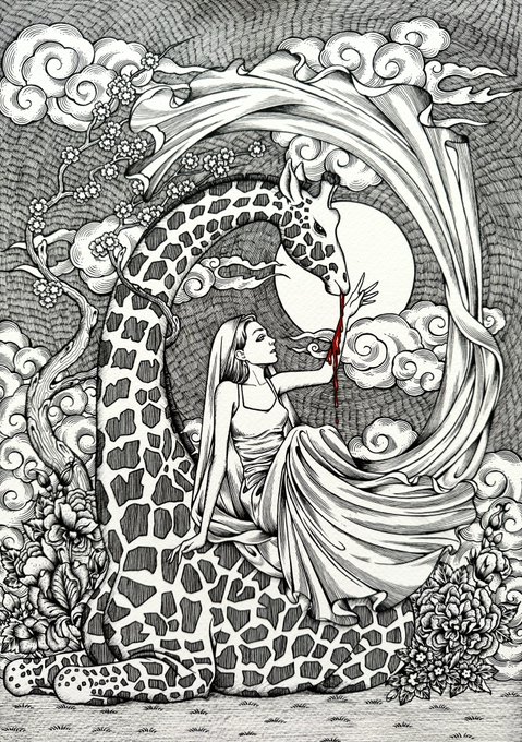 A detailed black-and-white illustration shows a woman in flowing robes reaching up to feed a giraffe, with a stream of red liquid flowing from the giraffe's mouth, set against a backdrop of clouds, moon, and swirling vines.