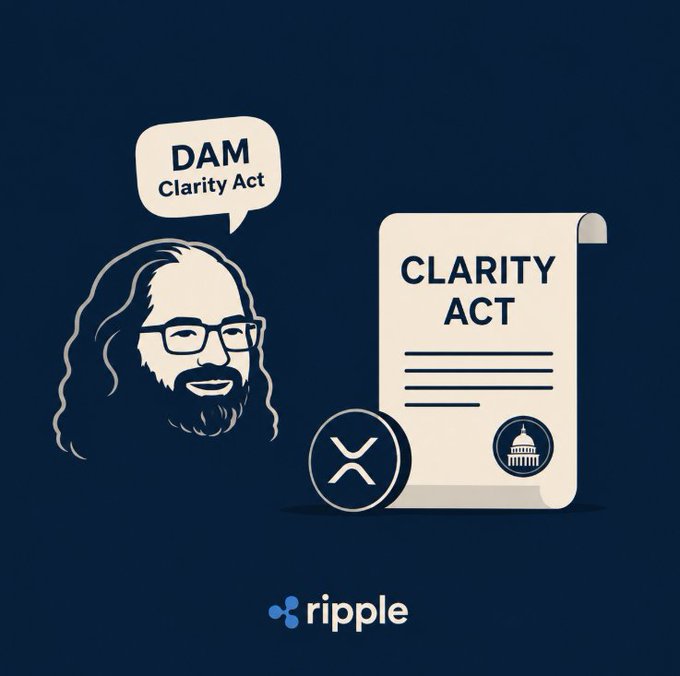 A stylized illustration features a bearded figure with glasses alongside an XRP coin and a "CLARITY ACT" document bearing a Capitol building seal, with a speech bubble reading "DAM Clarity Act," visually representing Ripple's CTO David Schwartz's playful nickname for the legislation to urge Senate action.