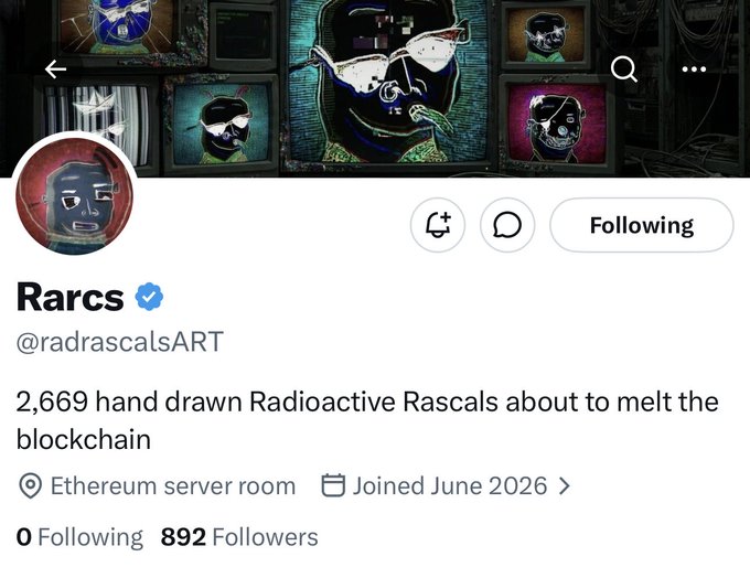 The image shows a Twitter/X profile for "Rarcs" (@radrascalsART) with a blue verification checkmark, displaying a bio that reads "2,669 hand drawn Radioactive Rascals about to melt the blockchain," located in the "Ethereum server room" with 892 followers. The profile features stylized, edgy cartoon character artwork as both the avatar and header banner, showcasing the hand-drawn NFT collection referenced in the accompanying post about an early NFT project.