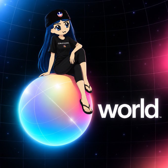 An anime-style girl with blue hair and a black beanie sits atop a glowing, multicolored sphere against a cosmic backdrop, with the word "world" displayed prominently to the right. The tagline "it's time" paired with the cosmic "world" imagery suggests the arrival or launch of something globally significant, with the character embodying a playful, futuristic ambassador for the moment.