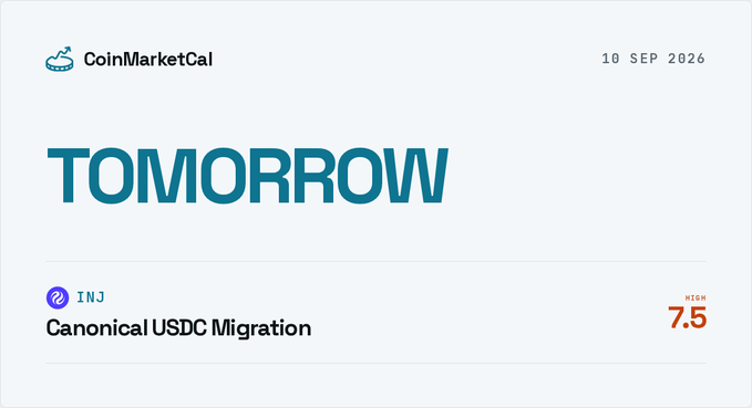 CoinMarketCal screenshot dated "10 SEP 2026" highlighting tomorrow's "Canonical USDC Migration" event for the $INJ token, rated a high impact of 7.5/10.