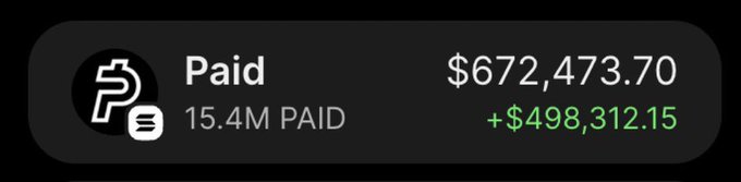 The image shows a crypto wallet dashboard displaying "Paid" with a balance of $672,473.70, a total of 15.4M paid, and a recent gain of +$498,312.15. This appears to be shared as proof of the poster's financial success to promote a $10 giveaway, with participants instructed to engage and drop their Solana addresses to receive a tip.