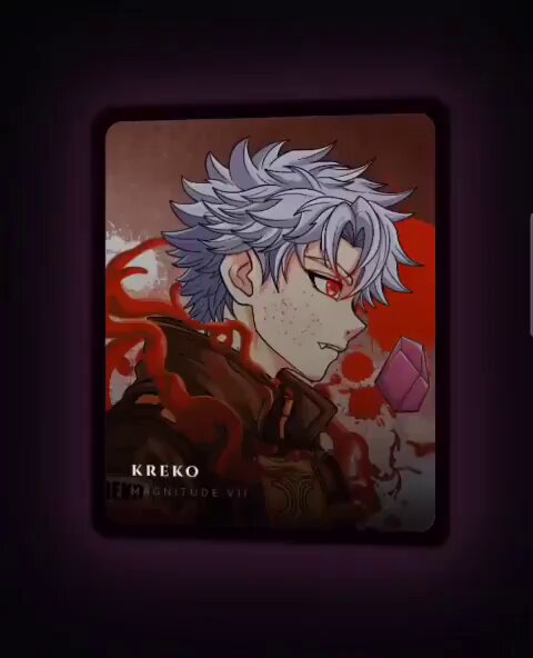 The image features a cartoon character, possibly a boy or a girl, with blue hair and red eyes. The character appears to be looking down at something below them, which could be a sticker or a piece of paper. The background of the image is dark purple, creating a dramatic effect that emphasizes the character's presence. There are also some text elements in the image, such as "Kreko" written on it and "@SeismicSys".