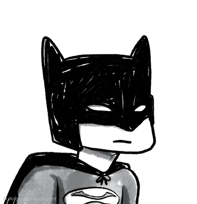A black-and-white sketch of Batman in a meme-style cowl with a skeptical expression, featuring a small "AI generated content" watermark in the corner — visually echoing the post's triumphant tone about finally securing a coveted @monxofficialx Batman NFT meme as a self-proclaimed degen.