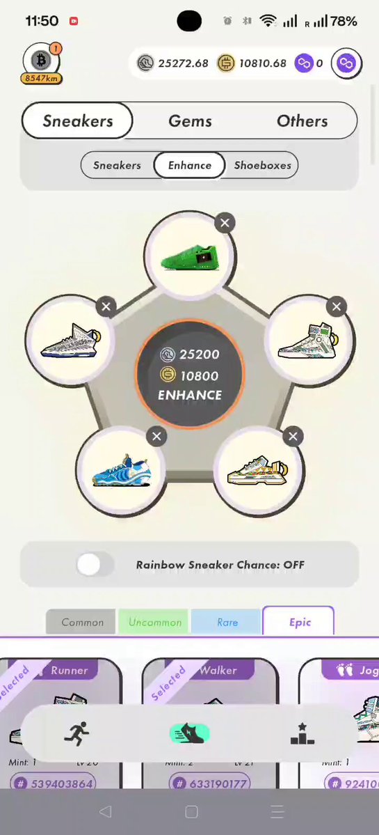 The image shows an app screen with a purple background featuring a white circle containing five different sneakers. The text "Epic Enhancement New Legendary Sockets are good, just would have preferred a Trainer instead, is the blackcat having A season 2?" is displayed on the screen. This suggests that the user might be interested in purchasing one of these sneakers or has already made a purchase and wants to know more about their new shoes.