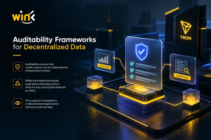 A promotional graphic for WinkLink titled 'Auditability Frameworks for Decentralized Data' on the TRON blockchain, featuring icons for Chain Data and Audit Trail.