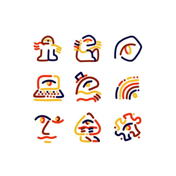 The image features a collection of nine different logos, each with its own unique design. The logos include various symbols such as a computer keyboard, a person's face, an eye, a fish, a bird, a house, a book, a phone, and a rainbow. These logos are arranged in a grid format on the white background, showcasing their distinct colors and shapes. The post about art is written in black text at the bottom of the image, providing context to the collection of logos.