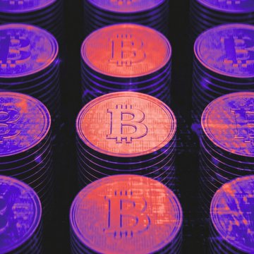 Stacks of Bitcoin tokens are illuminated in pink and purple neon light, visually representing the digital asset's surge above $72,000 as covered in "THE BLOCK." The glowing, stacked coins symbolize the accumulation and momentum behind the rally, echoing the post's highlight of record short liquidations and ETF-driven demand fueling Bitcoin's price climb.