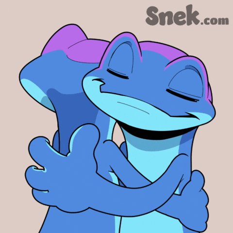 The image features two blue cartoon frogs embracing each other with their arms around one another. The background of the image is a light beige color, which contrasts nicely with the vibrant blue of the frogs' bodies. The caption below the image reads "I believe now is a good moment to unite and show the cryptoverse that $ADA and $SNEK have real community behind them". This message emphasizes the importance of unity and the value of investing in long-term opportunities, such as cryptocurrency markets.