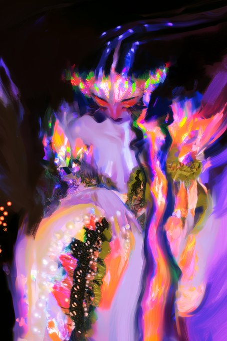 An abstract digital painting featuring vibrant neon colors of purple, pink, orange, and green blending together with dark shadows in an expressive, fluid style.