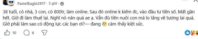 A social media post in Vietnamese by user "PastelEagle2917" from 3 giờ ago, sharing a personal reflection about being 38 years old with a house, three children, and debts from online work, with 10 likes and 6 comments.