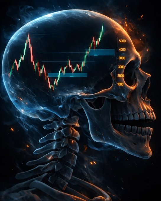 A skeletal figure with a glowing skull is overlaid with a stock market candlestick chart showing values from 1000 to 5000, visually representing the haunting obsession with tracking market movements. The fiery, ethereal aesthetic reinforces the caption "I'm obsessed" by portraying trading chart-watching as an all-consuming, almost death-defying fixation.
