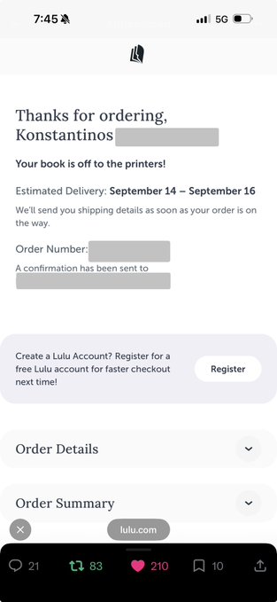 A mobile screenshot of a Lulu.com order confirmation thanking 'Konstantinos' for ordering, with an estimated delivery of September 14-16 and order details blurred out.