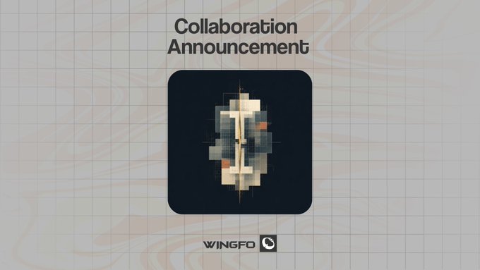 A 'Collaboration Announcement' graphic by WINGFO featuring a pixelated logo on a light marbled background.