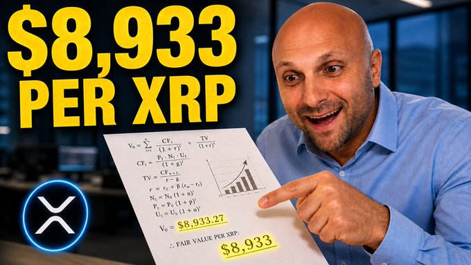 The image features a smiling bald man pointing at a whiteboard displaying complex financial formulas that calculate a "Fair Value per XRP" of $8,933.27, with large yellow text reading "$8,933 PER XRP" and an XRP logo in the corner. This relates to the post by suggesting that BIS's Project Agora unified ledger research points to XRP's consensus mechanism as a foundational technology, with the eye-catching valuation figure used to emphasize XRP's potential significance in cross-border payment infrastructure.