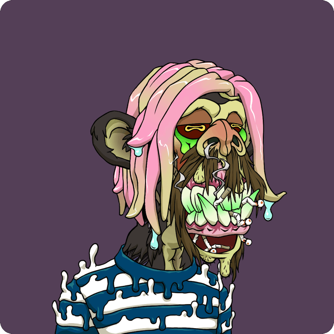 A grotesque cartoon ape mutant with dripping pink hair, green teeth, and a melting blue-and-white striped shirt, set against a purple background—this is Mutant #5576 from the "Return to Monke" NFT collection.