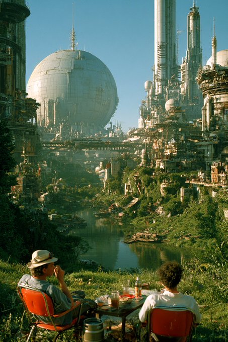 Two people sit at a table on a grassy hill, overlooking a futuristic city with massive domed and cylindrical structures rising from lush greenery.