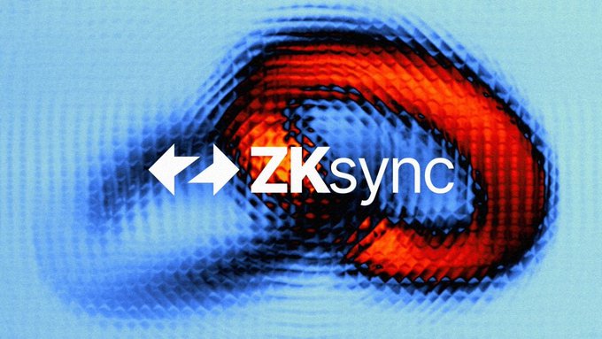 A stylized image featuring a red and blue abstract 3D ring shape with the text 'ZKSync' and an exchange/arrows icon overlaid in white.
