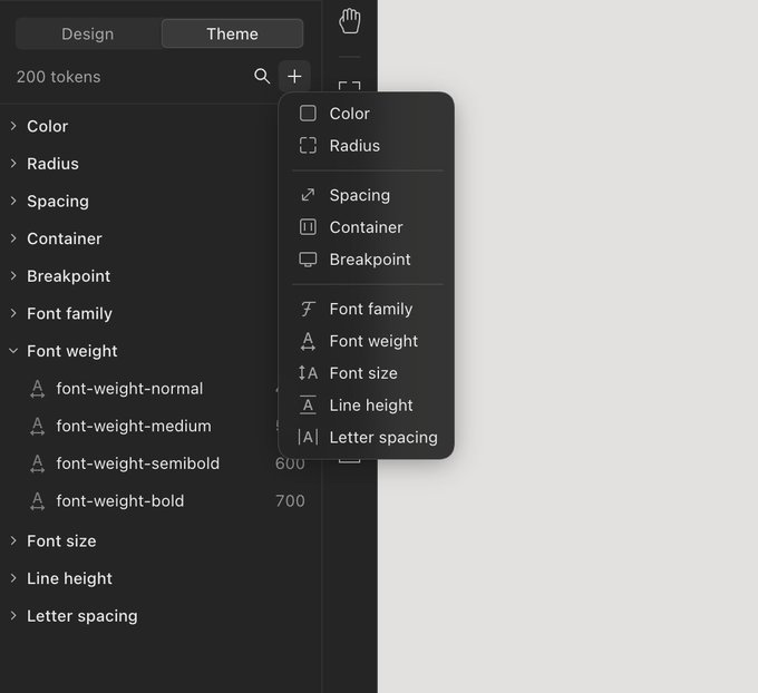 A dark-themed design interface showing a token-based design system with expandable categories for Color, Radius, Spacing, Container, Breakpoint, Font family, Font weight, Font size, Line height, and Letter spacing.