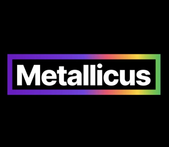 A logo with the text 'Metallicus' in white lettering inside a rectangular border with a rainbow gradient, set against a black background.