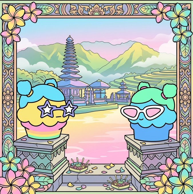 A colorful pastel illustration featuring two cute cupcakes with star-shaped sunglasses, set against a backdrop of Balinese temple scenery with mountains, framed by an ornate floral border.
