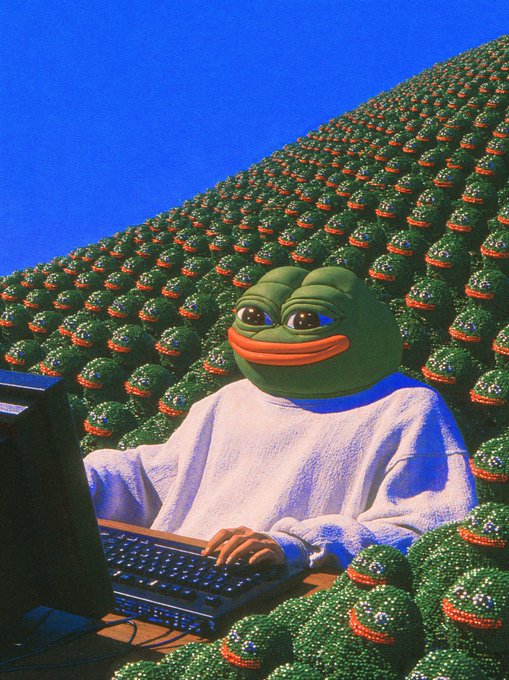 A surreal image of a Pepe the Frog character wearing a white sweater, sitting at a vintage computer with a background filled with repeating Pepe heads.