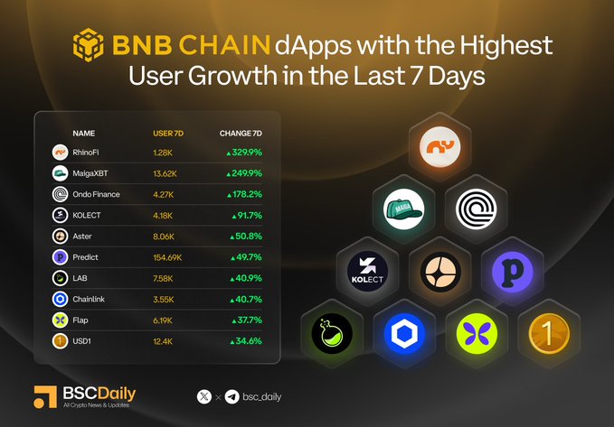 An infographic from BSCDaily highlights the top BNB Chain dApps with the highest user growth over 7 days, led by Rhinofi (+329.9%), MatgaxBT (+249.9%), and Ondo Finance (+176.2%). The graphic showcases each project's logo alongside its user count and growth percentage, matching the featured tags in the accompanying post.