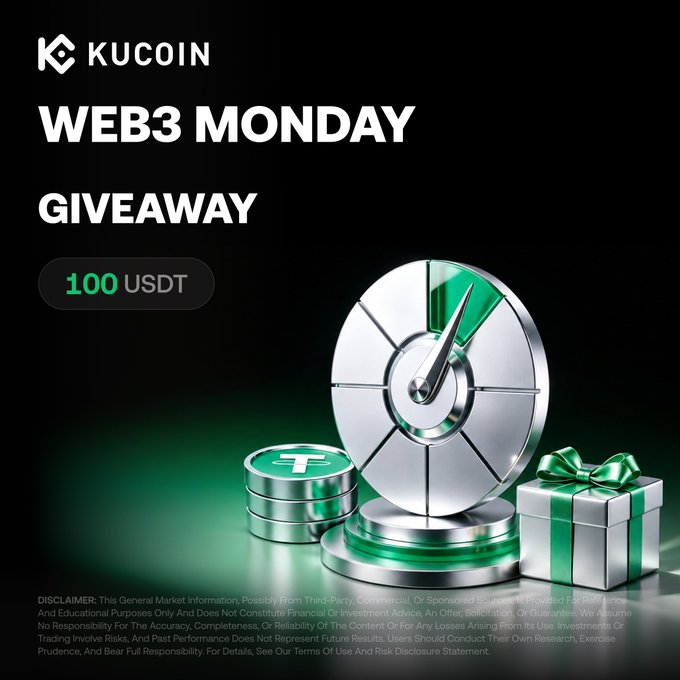 A KuCoin Web3 Monday giveaway promotional image featuring 100 USDT as the prize, displayed alongside a spinning wheel, Tether (USDT) coin stacks, and a wrapped gift box on a green-lit dark background. The graphic directly supports a social media contest asking users what they're using onchain that week, with entry via following KuCoin and quoting the post.