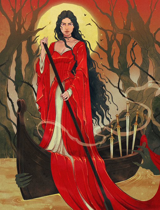 An illustration of a dark-haired woman in a flowing red gown standing in a boat, holding a staff, with a golden moon, bare trees, and swords in the background, evoking a mythological or tarot card aesthetic.