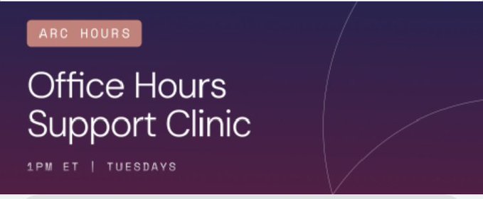 A digital flyer for 'ARC HOURS - Office Hours Support Clinic' scheduled for 1PM ET on Tuesdays, displayed on a dark purple gradient background.