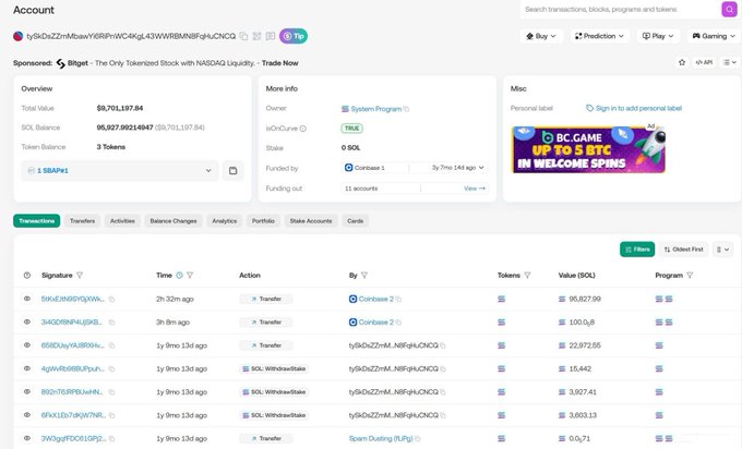 A Solana account overview page showing a wallet with $0 SOL balance (95,027.99 transferred out) and a recent "Spain Dusting" transaction of 0.0471 SOL. The image supports the post's claim by displaying recent SOL withdrawals totaling approximately 95,827.99 SOL through Coinbases 1 and 2, alongside older SOL deposits dated 1y 9mo 13d ago—illustrating the user's claim of a long hold followed by recent selling activity.