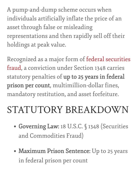 Text excerpt explaining pump-and-dump schemes as federal securities fraud under 18 U.S.C. § 1348, with a statutory breakdown noting up to 25 years in federal prison per count.