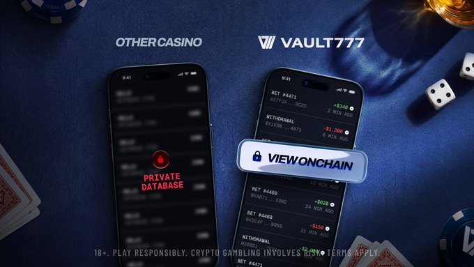 The image is a promotional advertisement contrasting "OTHER CASINO" with "VAULT777." It shows two smartphones side by side: the left displays a "PRIVATE DATABASE" with a locked icon, while the right showcases transparent, on-chain betting data (including bets #4471, #4190, #4469, #4458) with a prominent "VIEW ON CHAIN" button. The ad reinforces the message that Vault777 offers verifiable, blockchain-based gaming transparency rather than opaque, internally controlled casino operations.