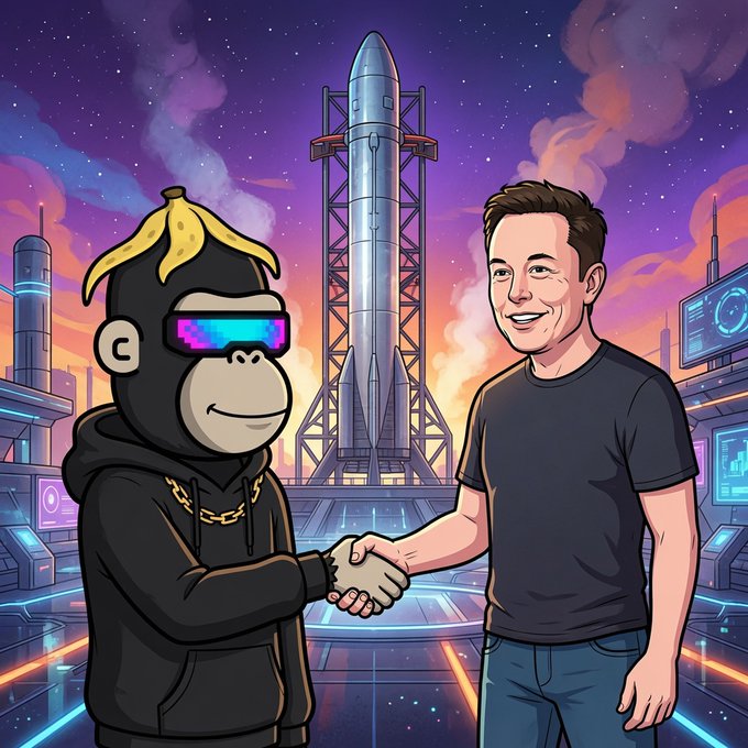 The image features a man wearing a black shirt shaking hands with an animated monkey, both standing in front of a rocket ship. The background shows a city skyline at night, which adds depth to the scene. The caption for this image reads "Just got out the meeting with Elon. He will be the 1st Ape on Mars. @ape0nchain NFTs".
