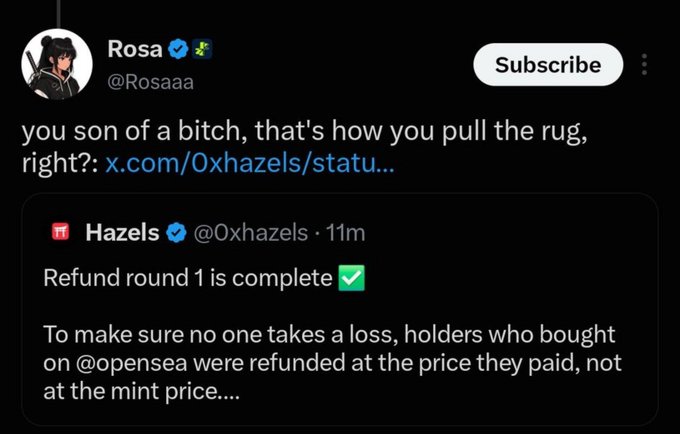 A tweet by 'Rosa @Rosaaa' questions a rug pull, quoting a tweet from '@Oxhazels' that states 'Refund round 1 is complete' regarding OpenSea holders.