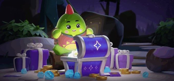 A digital illustration of a green goblin-like creature with a red hat standing behind an open treasure chest filled with coins and gems, with purple gift boxes nearby.