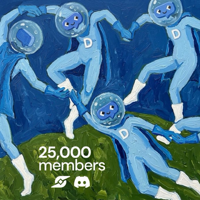 A painted illustration celebrating '25,000 members' for Steem and Discord, featuring blue figures with bubble helmets and the letter 'D' holding hands in a circle on grass.