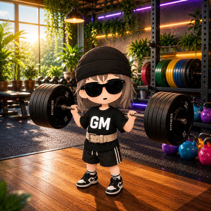 The image features a cartoon character wearing black sunglasses and holding two dumbbells while standing on a wooden floor, possibly in a gym setting. The caption for the image reads "@timesoulcom #BingXOfficial".