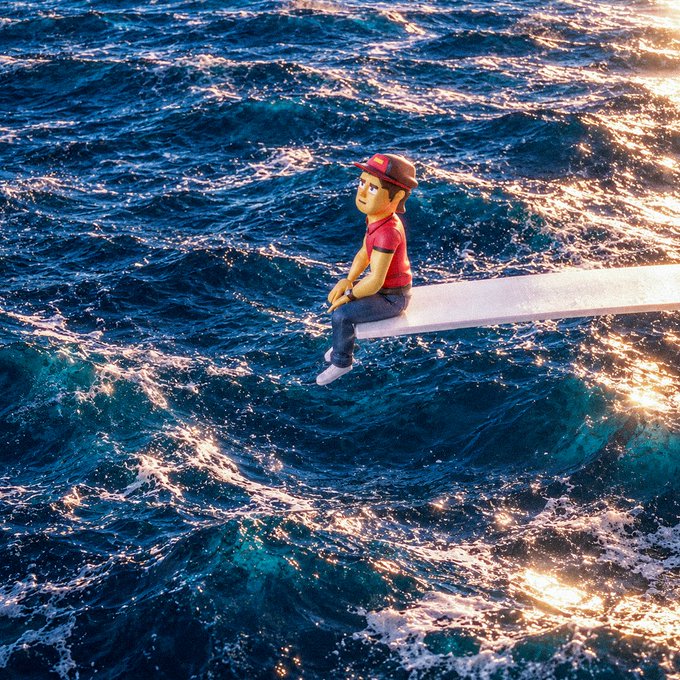 A 3D-rendered cartoon character in a red shirt and cap sits pensively on a plank extending over churning ocean waves at sunset, gazing thoughtfully into the distance. The image's sense of being stranded or waiting at a crossroads visually echoes the post's message about transitioning from summer ("GM") to locking in ("Player").