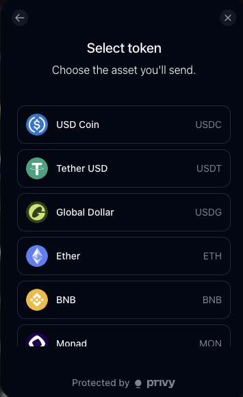 A mobile app screen titled 'Select token' showing options to send cryptocurrency, including USD Coin (USDC), Tether USD (USDT), Global Dollar (USDG), Ether (ETH), BNB, and Monad (MON), protected by Privy.