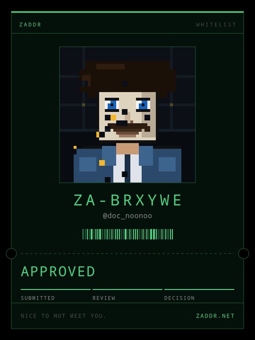 A pixel-art style ID card in green and black featuring a character with brown hair and a mustache, labeled "ZA-BRXYWE" with "ZADDR" and "WHITELIST" at the top, and "APPROVED" at the bottom.