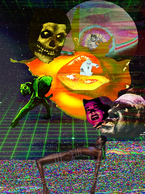 A surreal collage artwork set against a green grid and starry background, featuring a large skull, lips, distorted faces, a green figure, and a kneeling figure on a colorful static-textured ground.