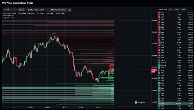A Bitcoin (BTC) whale order analysis chart from CoinGlass shows the current price hovering around $66,958, with a dense concentration of large whale orders positioned heavily between $48,000–$60,000 — visually confirming the post's claim that almost all major whale bids sit well below current levels, suggesting a "buy the dip" setup at significantly lower price zones.