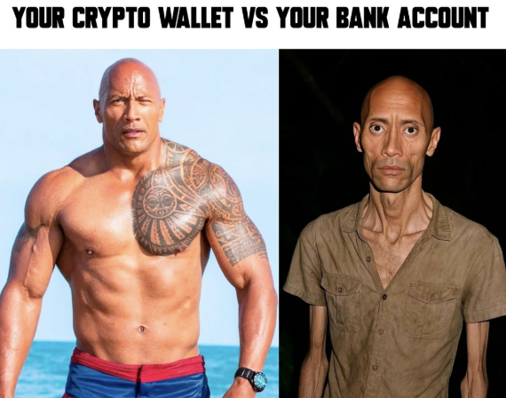A meme titled 'YOUR CRYPTO WALLET VS YOUR BANK ACCOUNT' contrasting a muscular Dwayne 'The Rock' Johnson on the left with a gaunt, unimpressive version of him on the right.